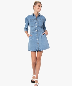 GEMO Robe femme en toile denim à manches ¾ Bleu