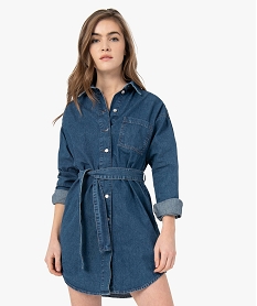 GEMO Robe femme en jean avec devant boutonné et ceinture Bleu
